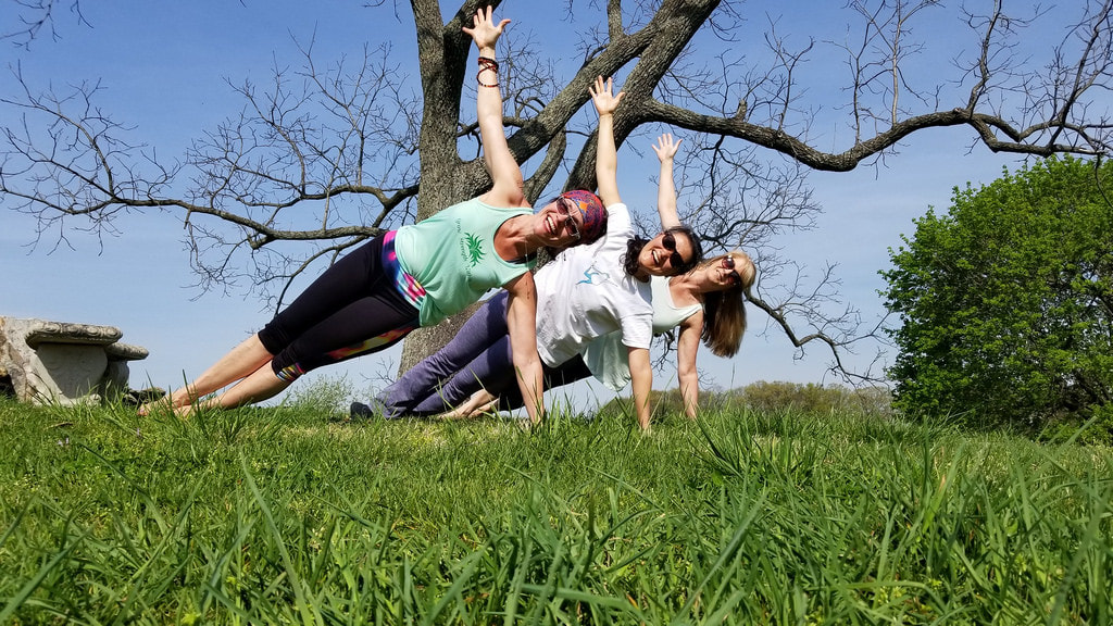 yogaplusexercise.weebly.com yoga plus exercise on the grass.  Group.  Pose is Side plank on the grass